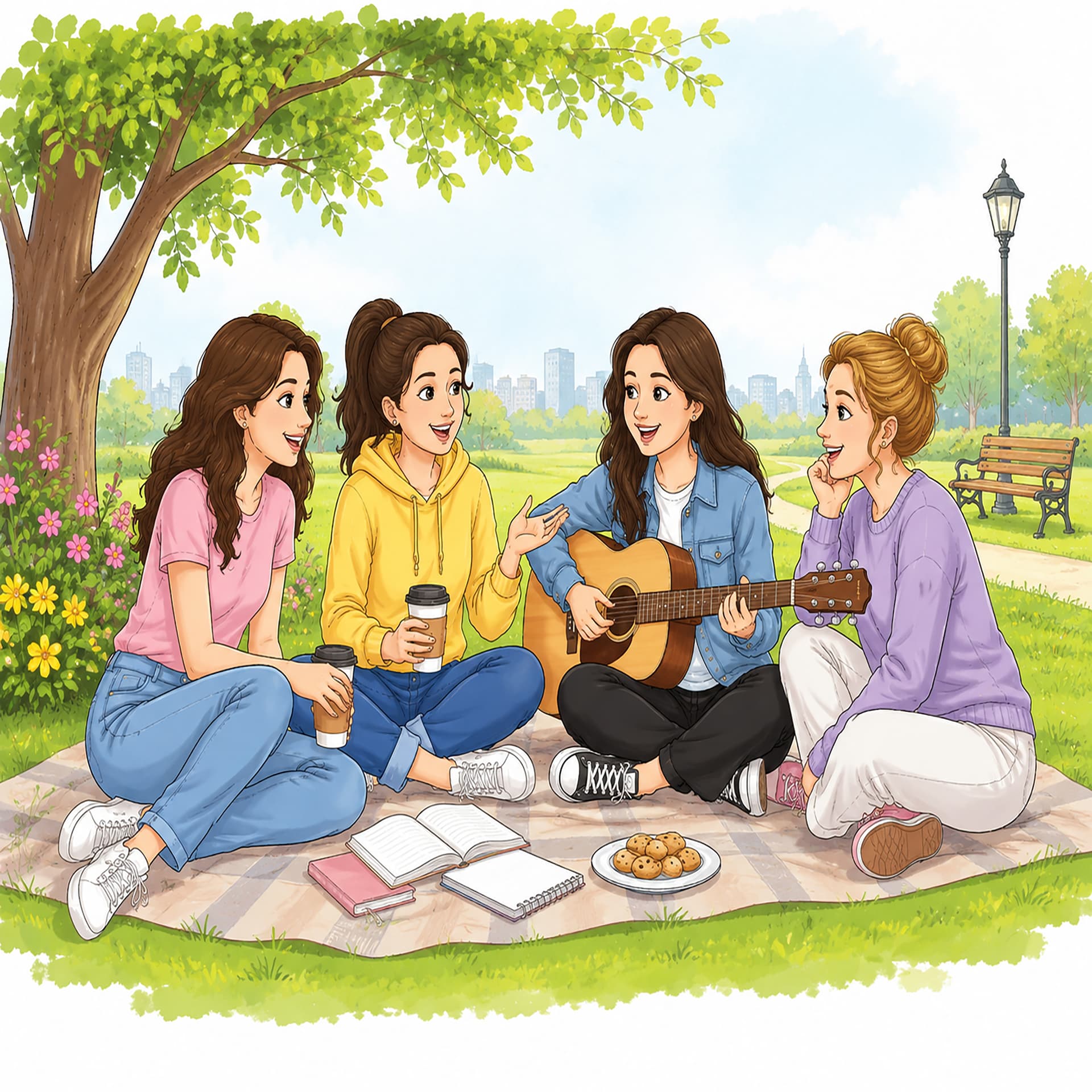 Young Women Park Illustration by Emberleaf Creative Studio