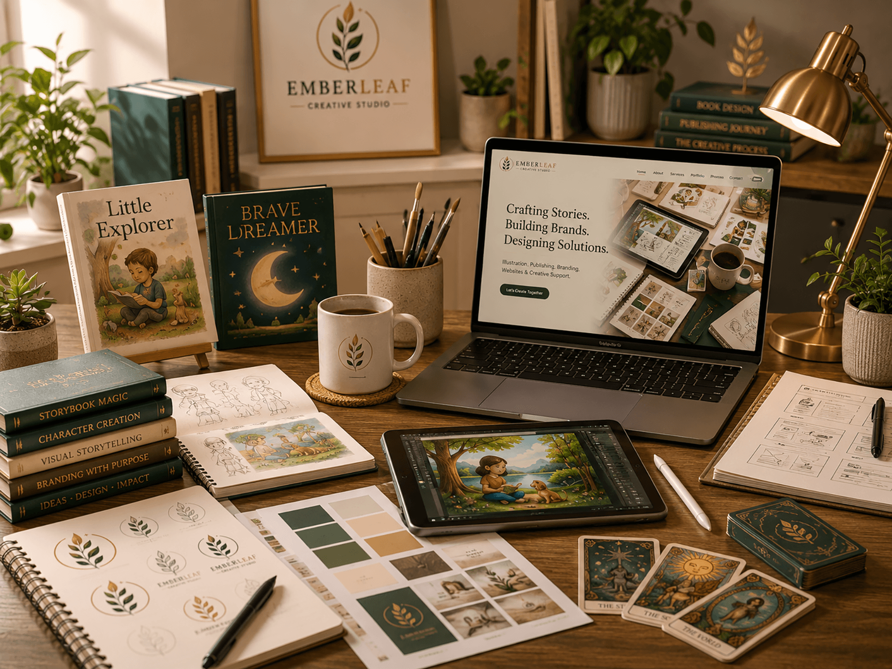 Emberleaf Creative Studio workspace showing illustration, publishing, branding, website design, and tarot card work